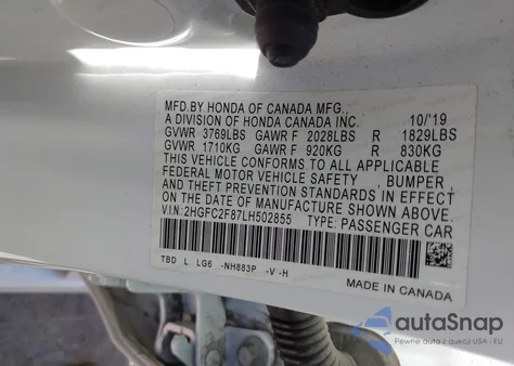 2020 Honda Civic Sport from USA, damaged, VIN 2HGFC2F87LH502855